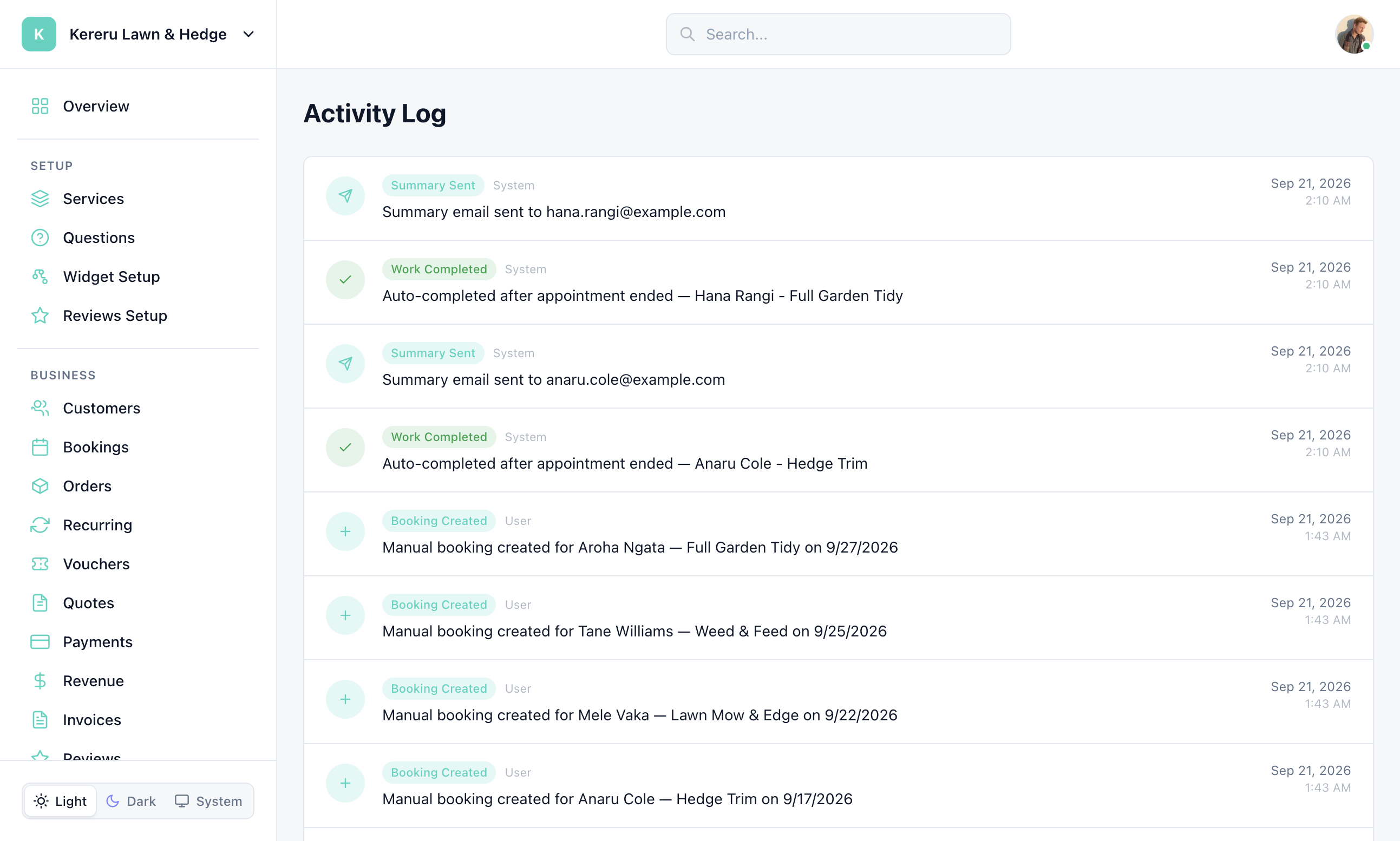 Activity Log showing booking created, service created, and system events