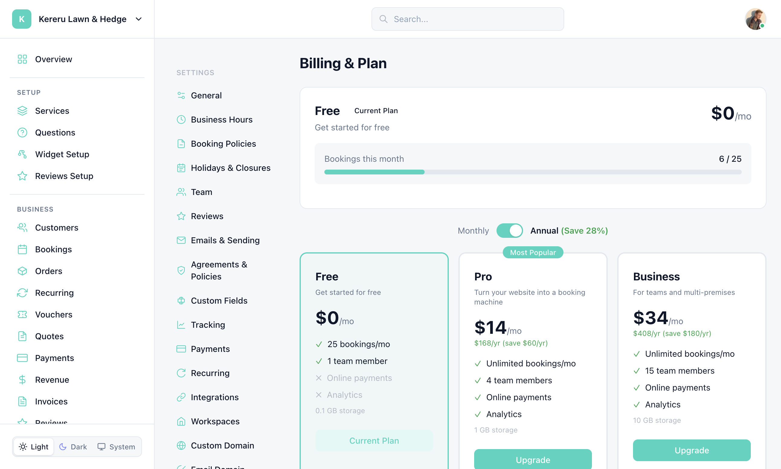 Billing & Plan with Free, Pro, and Business cards and the Annual (Save 28%) toggle