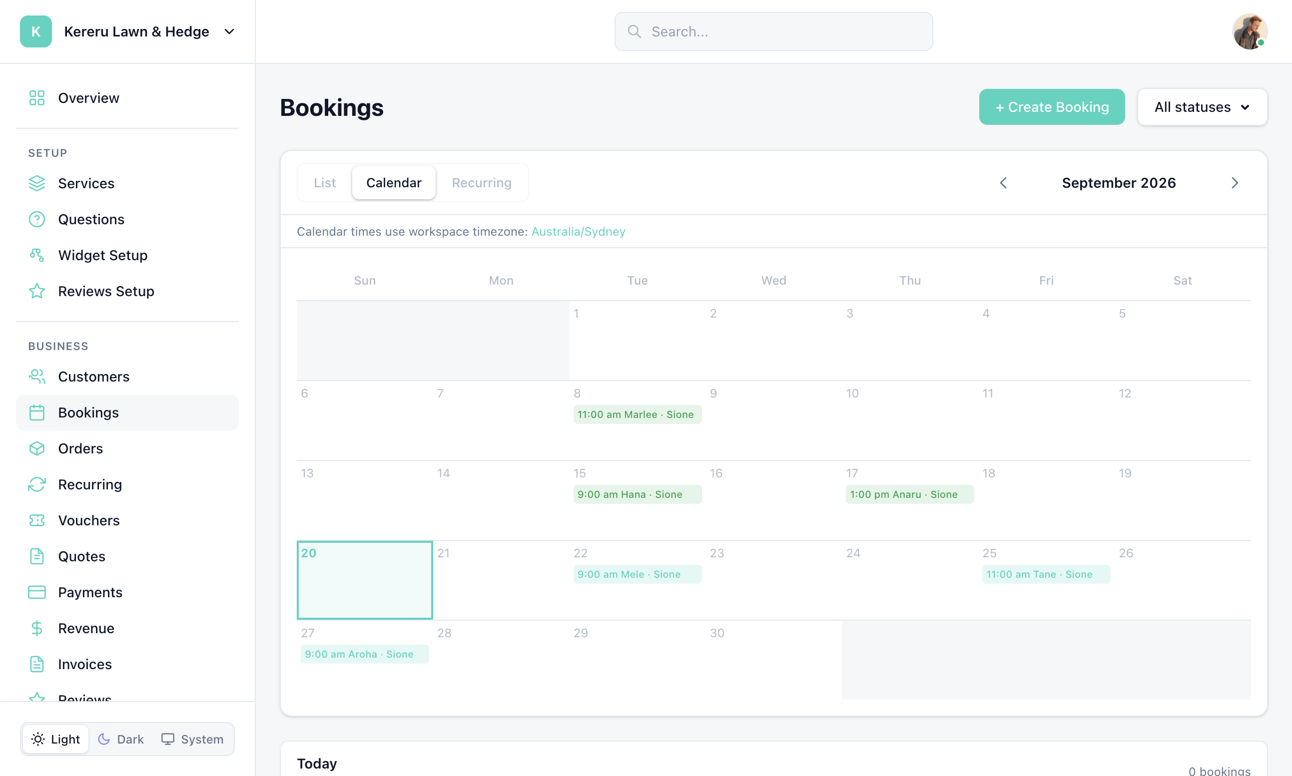 Bookings calendar month grid with overnight stays spanning multiple days