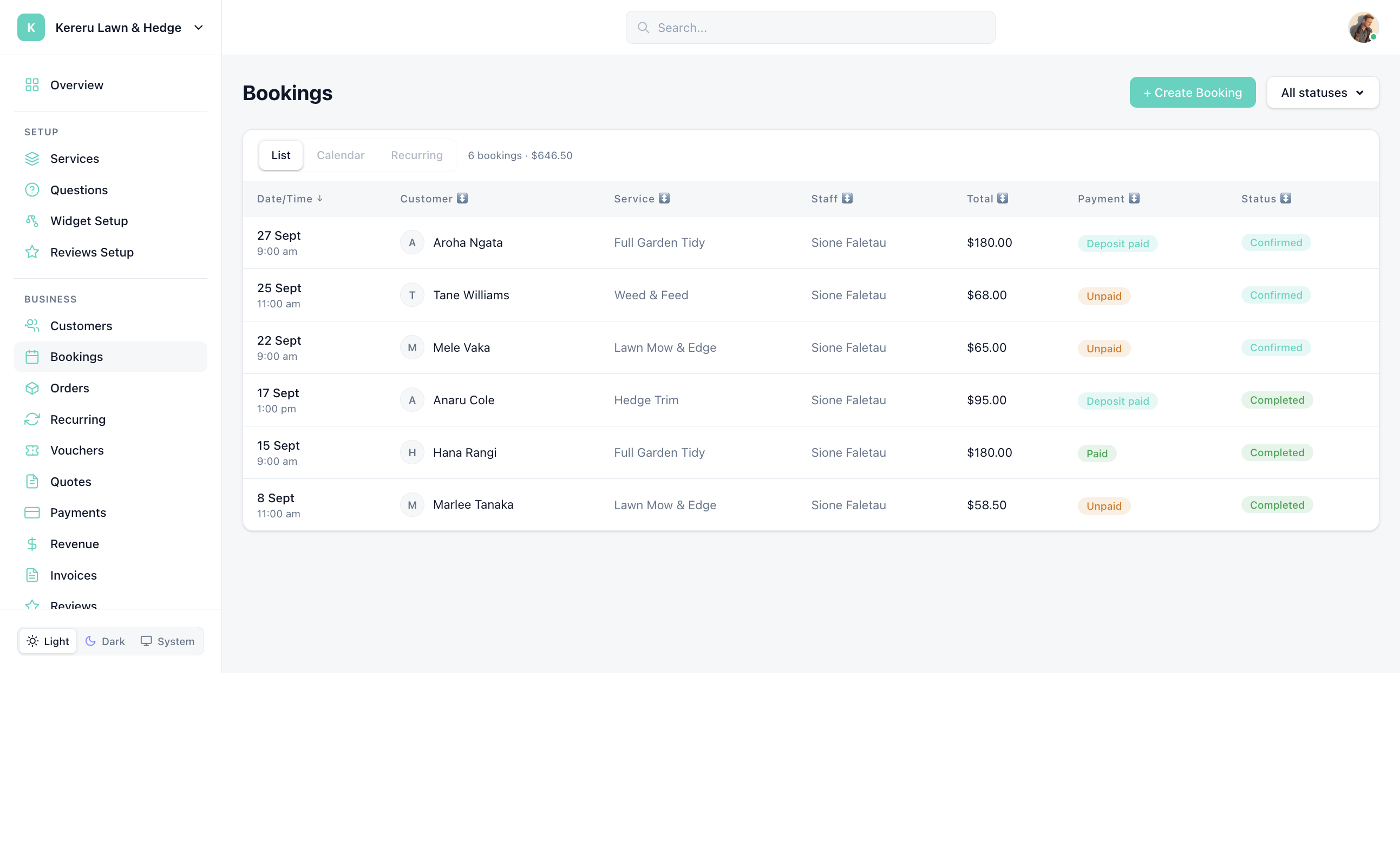 Bookings list with List, Calendar, and Recurring tabs and the + Create Booking button