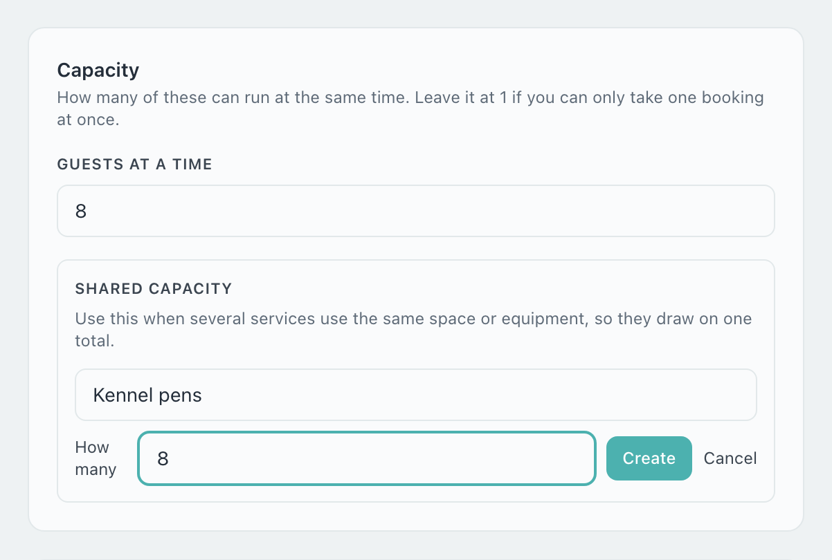 Capacity section with a new pool being created, named Kennel pens, How many set to 8, and Create and Cancel buttons