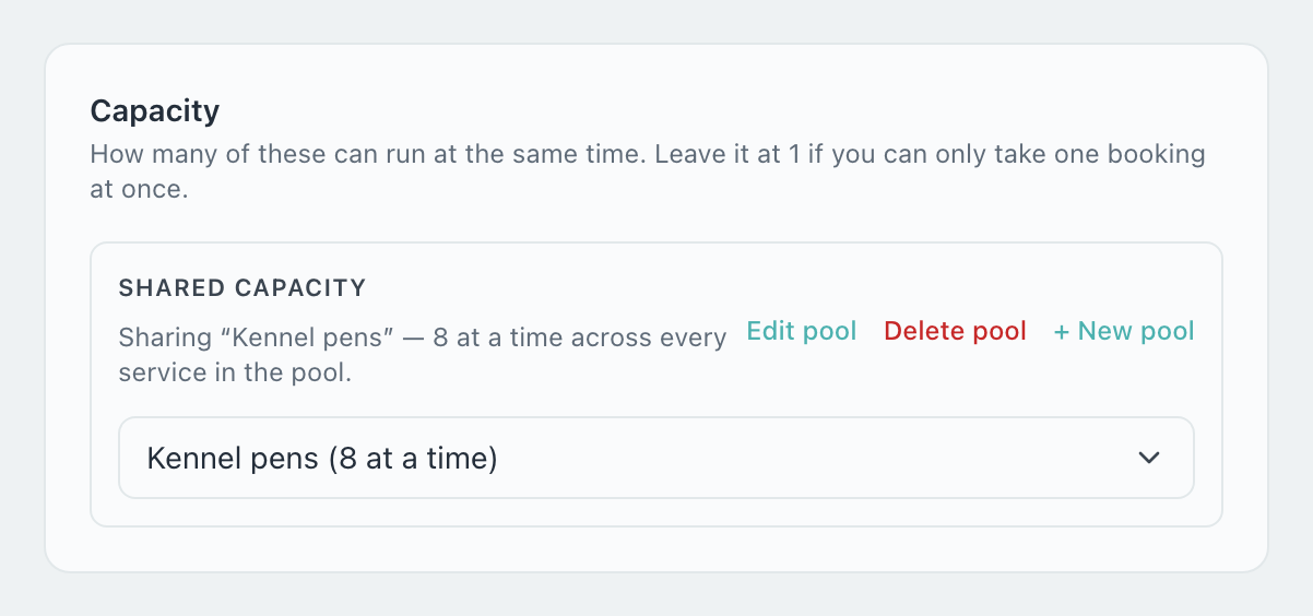 Capacity section showing Sharing Kennel pens, 8 at a time across every service in the pool, with Edit pool, Delete pool and New pool links