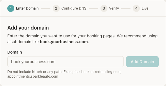 Enter Domain step. The Domain box placeholder is book.yourbusiness.com, with an Add Domain button.