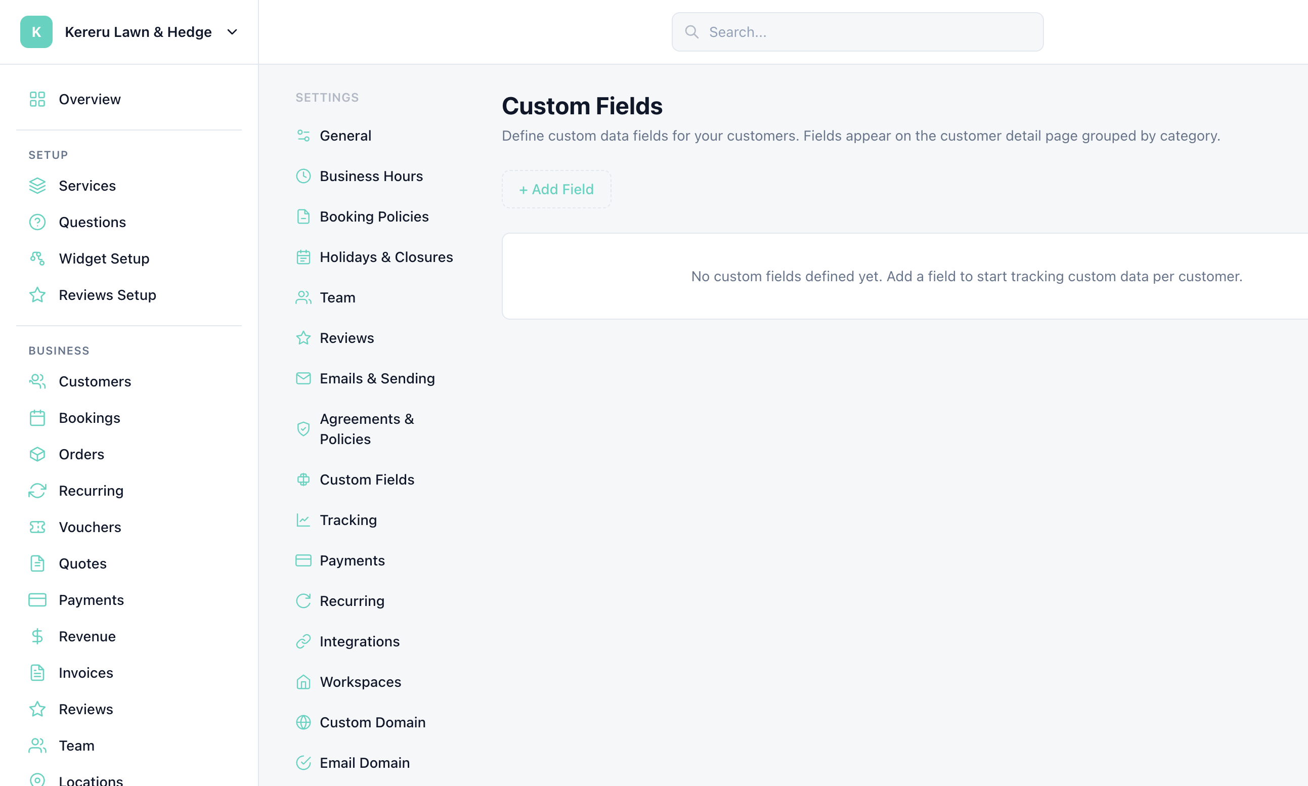Custom Fields settings with + Add Field and empty-state copy that fields appear on the customer detail page