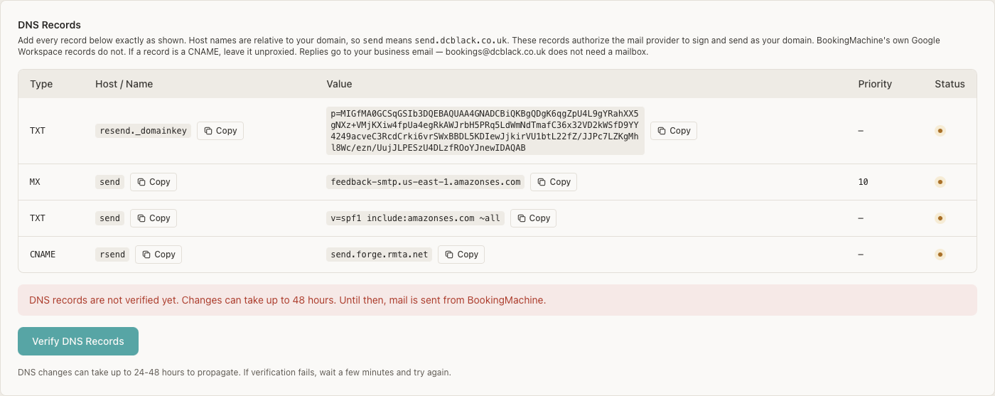 DNS Records table for dcblack.co.uk with TXT, MX, TXT, and CNAME rows and a Verify DNS Records button