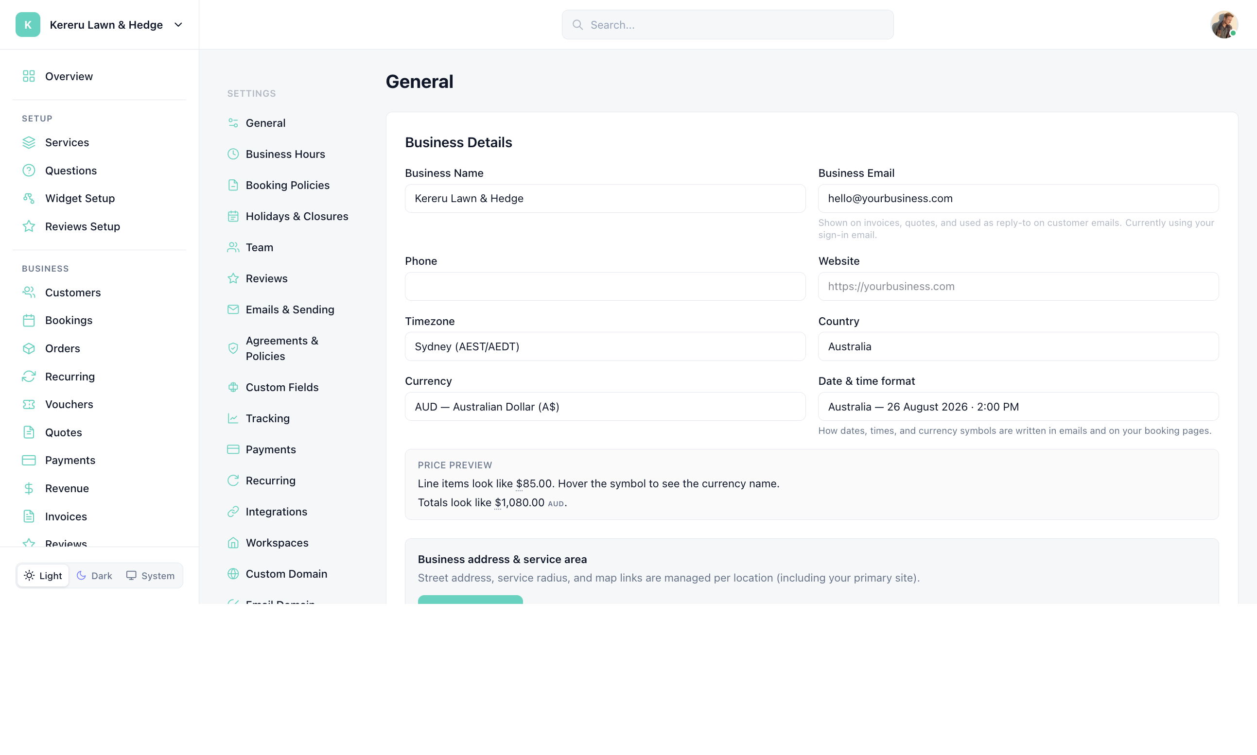 General settings showing Business Name, Timezone, and Currency