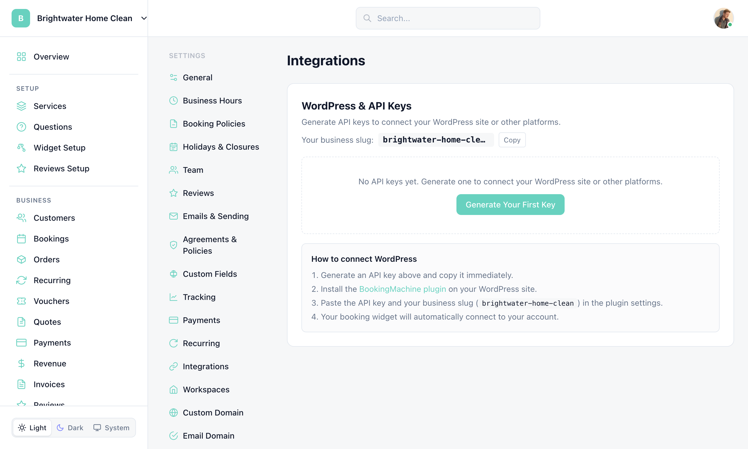 Settings > Integrations with WordPress & API Keys, Generate Your First Key, and How to connect WordPress