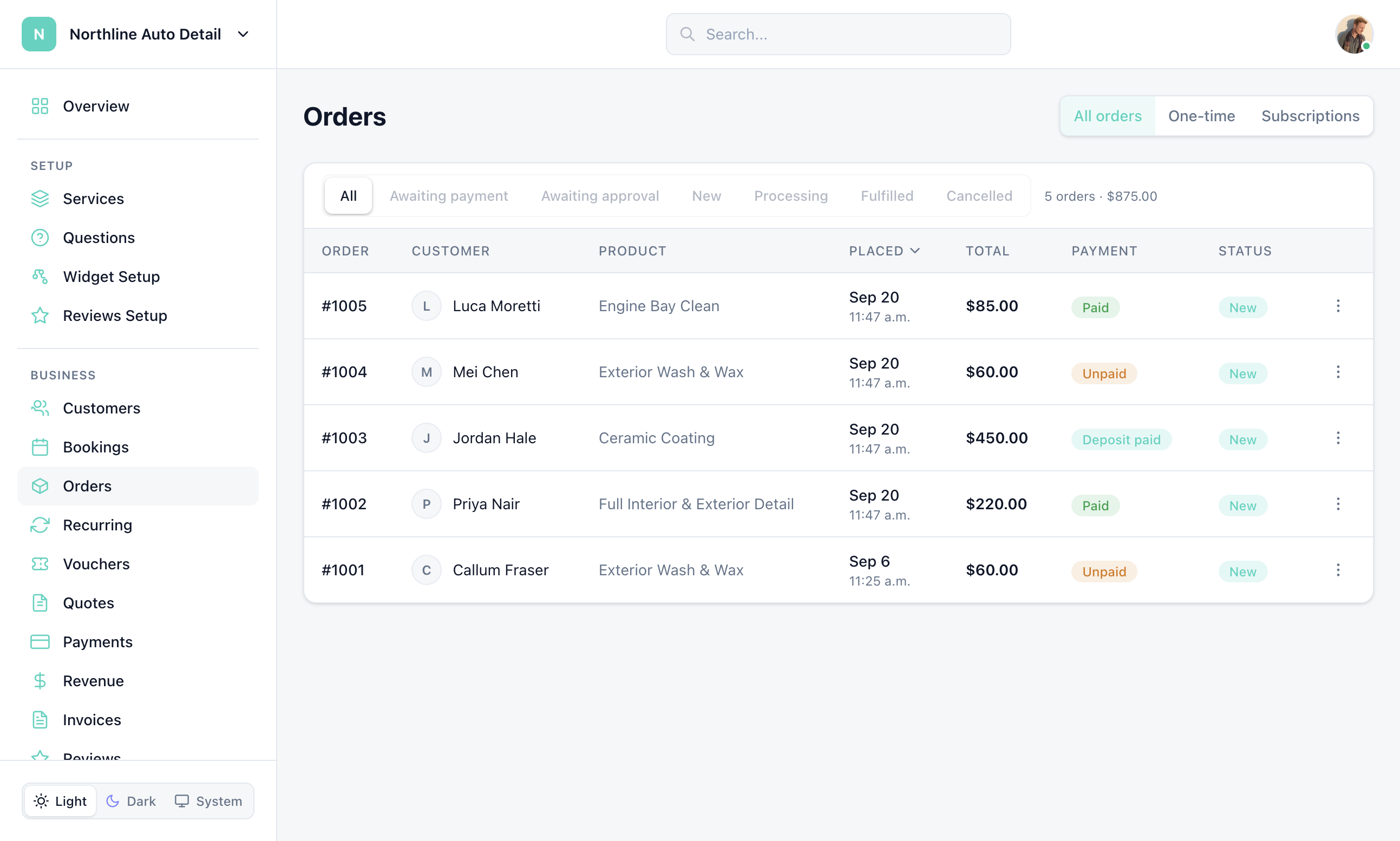 Orders list with All / One-time filters, status tabs, and order rows
