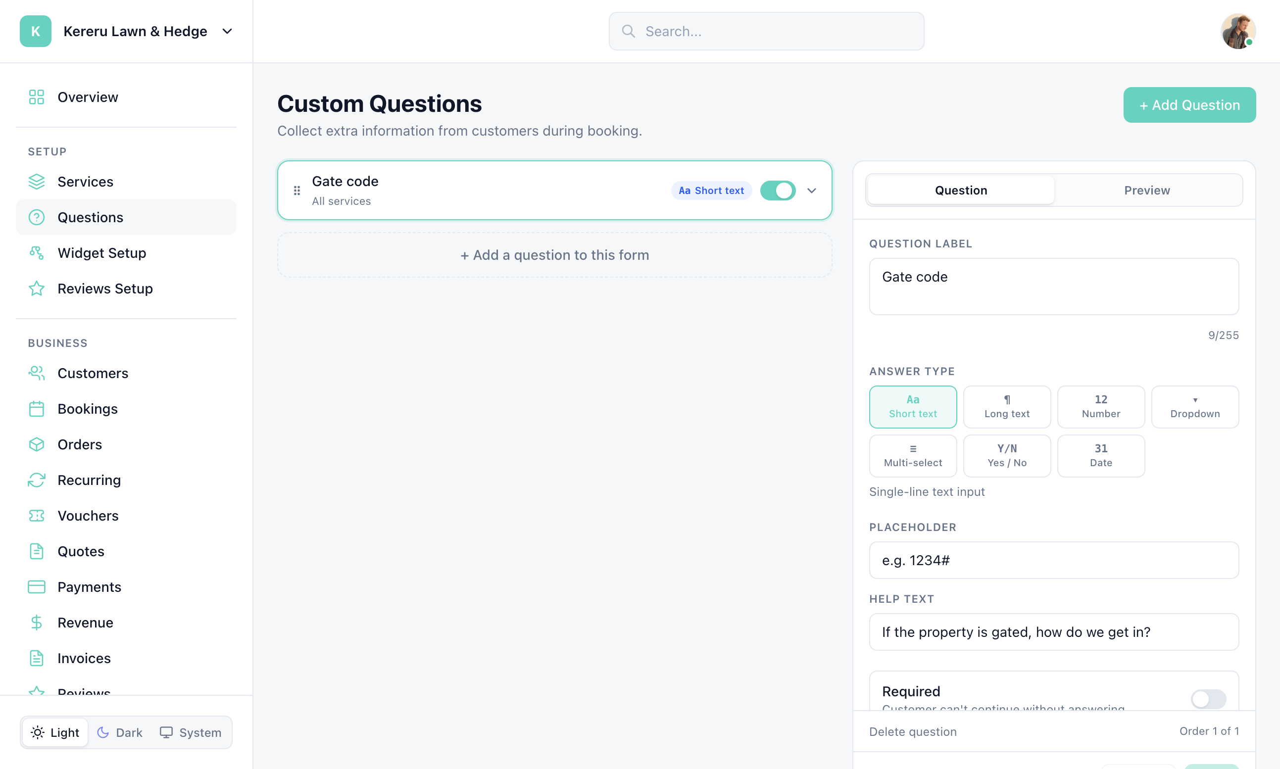 Custom Questions with a Gate code short-text question, answer types, and + Add a question to this form