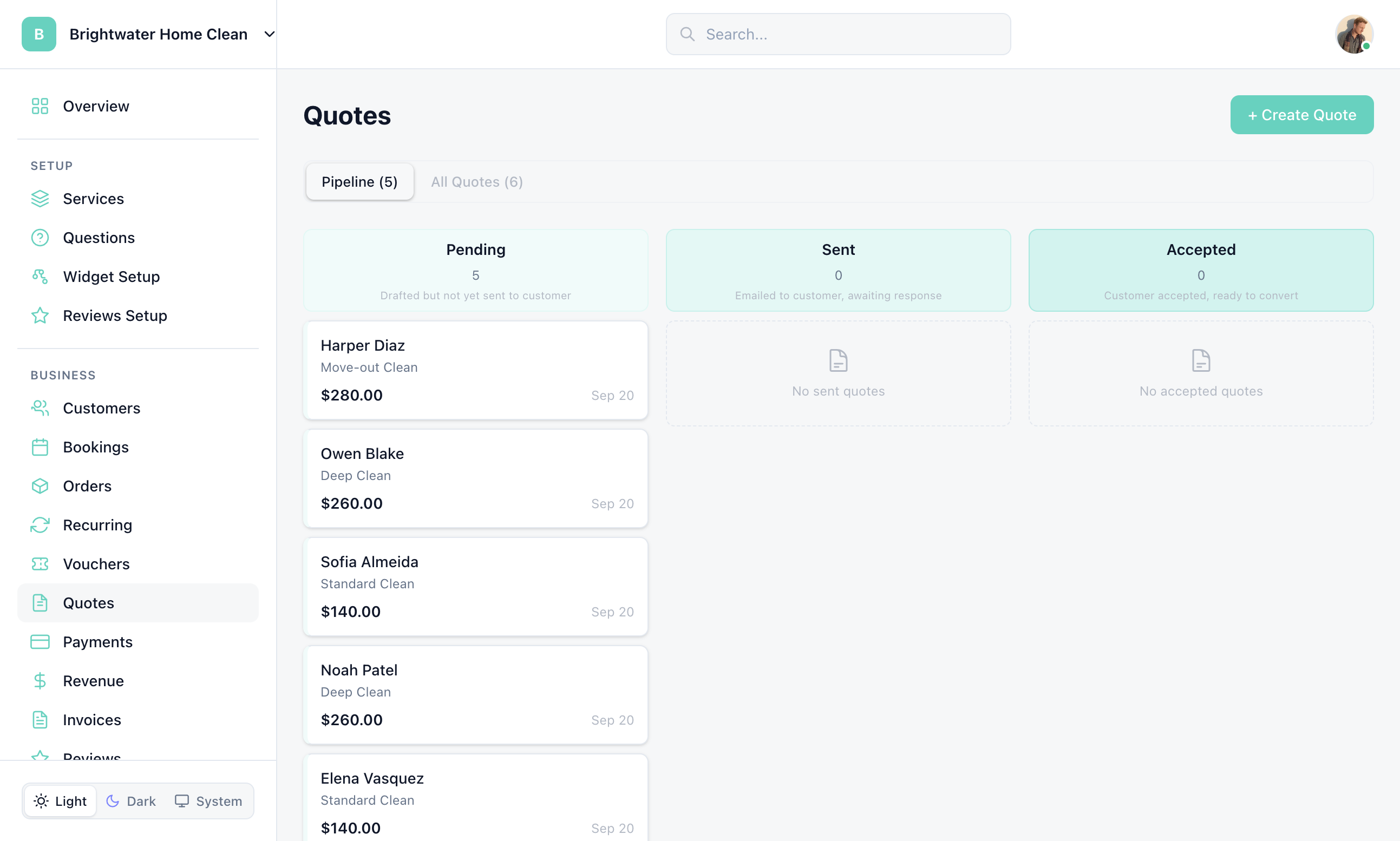 Quotes page with Pipeline and All Quotes tabs and the + Create Quote button