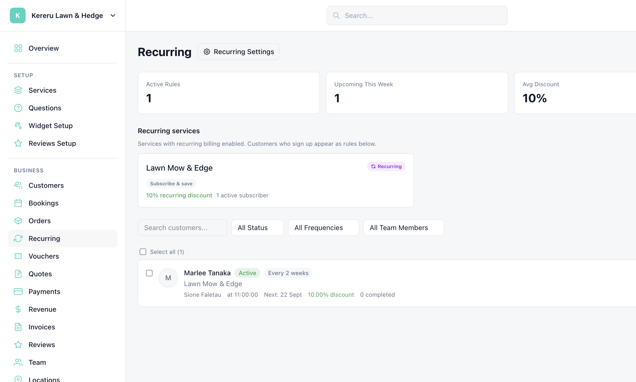 Recurring page with Active Rules, Recurring services, and an Every 2 weeks subscriber