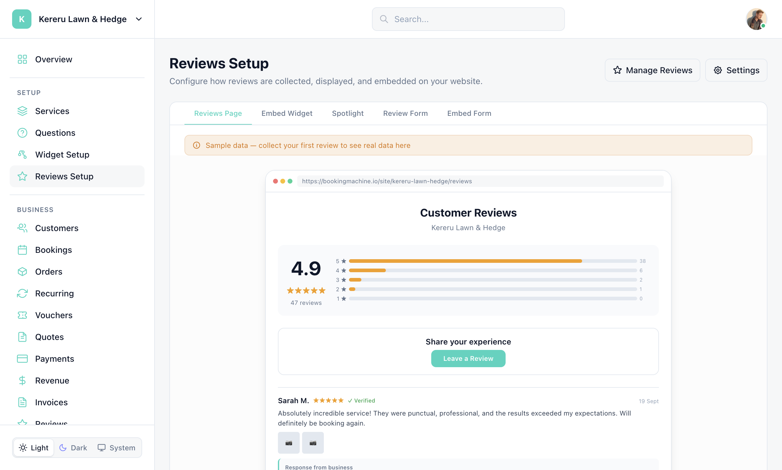 Reviews Setup with Reviews Page, Embed Widget, Spotlight, Review Form, and Embed Form tabs