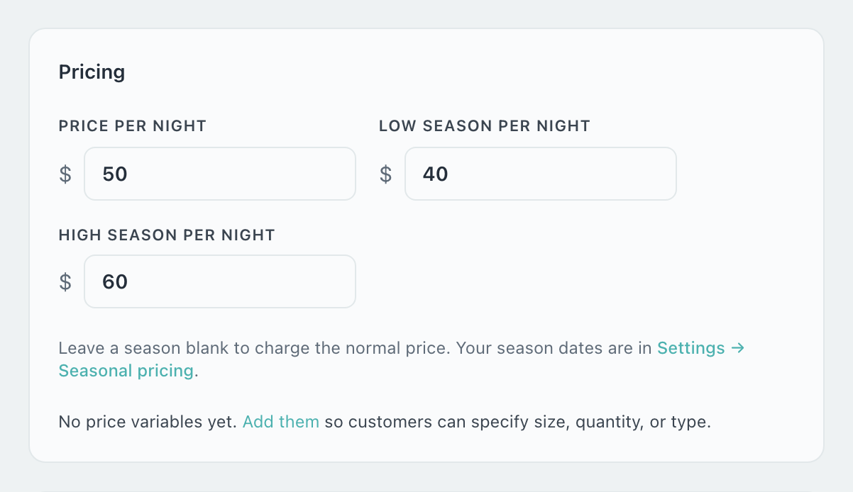 Pricing section of a service with Price per night 50, Low season per night 40 and High season per night 60