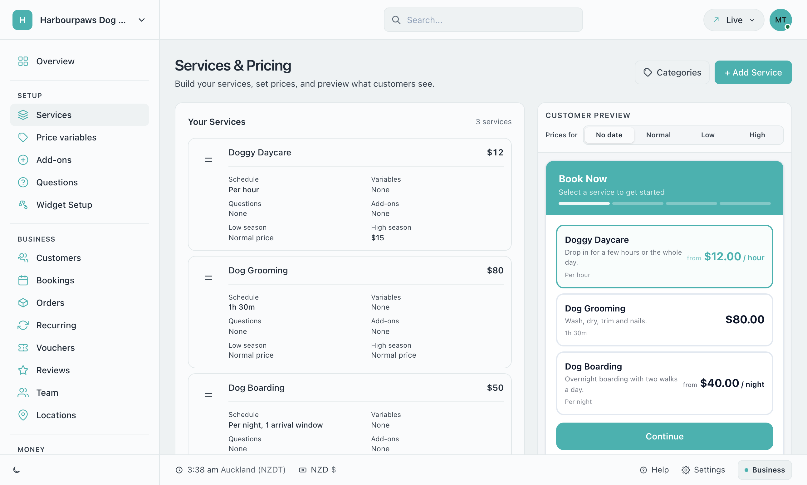 Services list showing each service with its normal price, Low season and High season prices, beside the Customer Preview with Prices for No date, Normal, Low and High