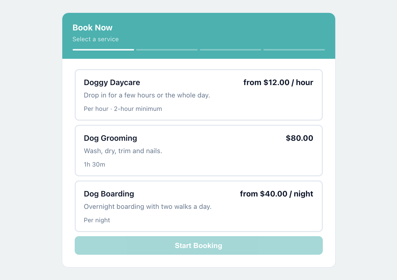 Booking page listing Dog Boarding from 40 dollars a night, Doggy Daycare from 12 dollars an hour and Dog Grooming at 80 dollars