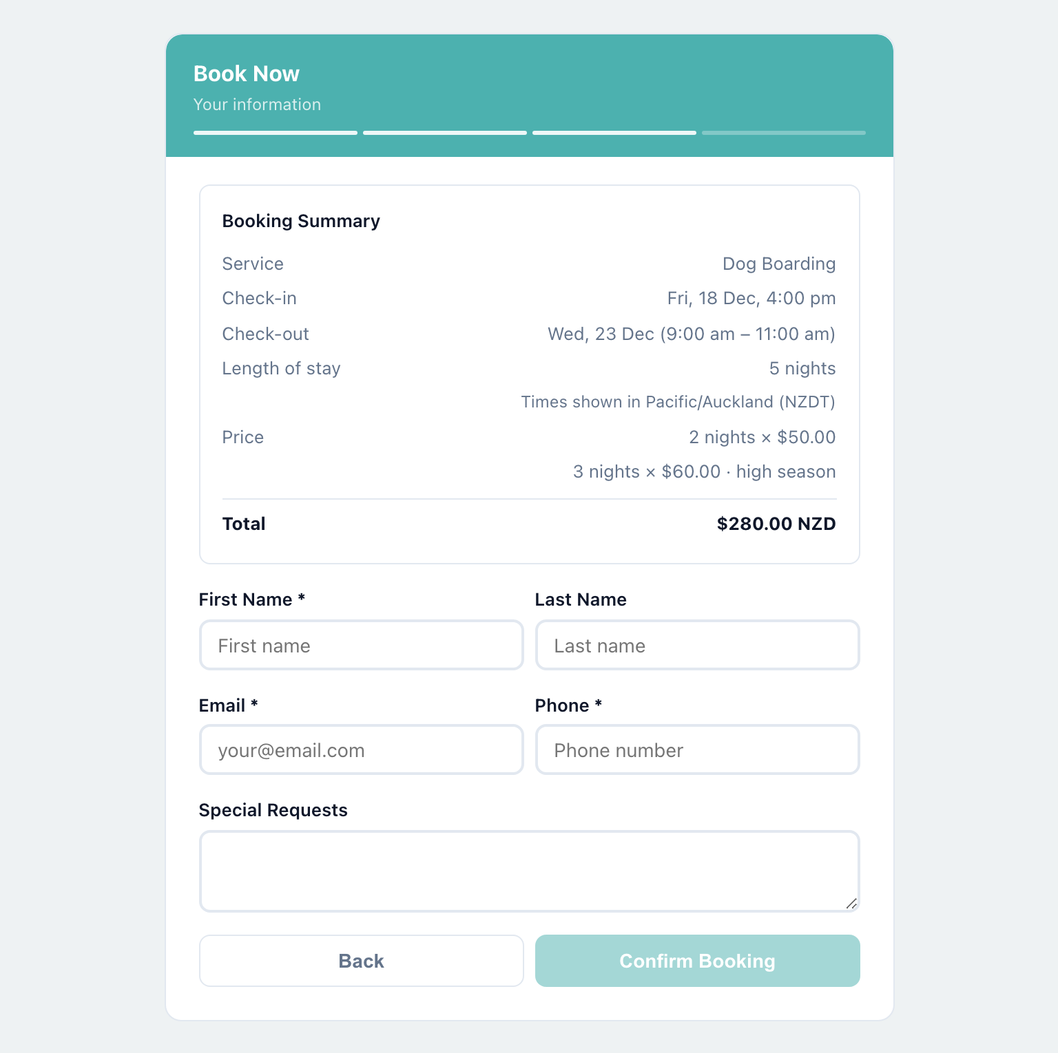 Booking summary for a five night stay: 2 nights at 50 dollars, 3 nights at 60 dollars high season, total 280 dollars