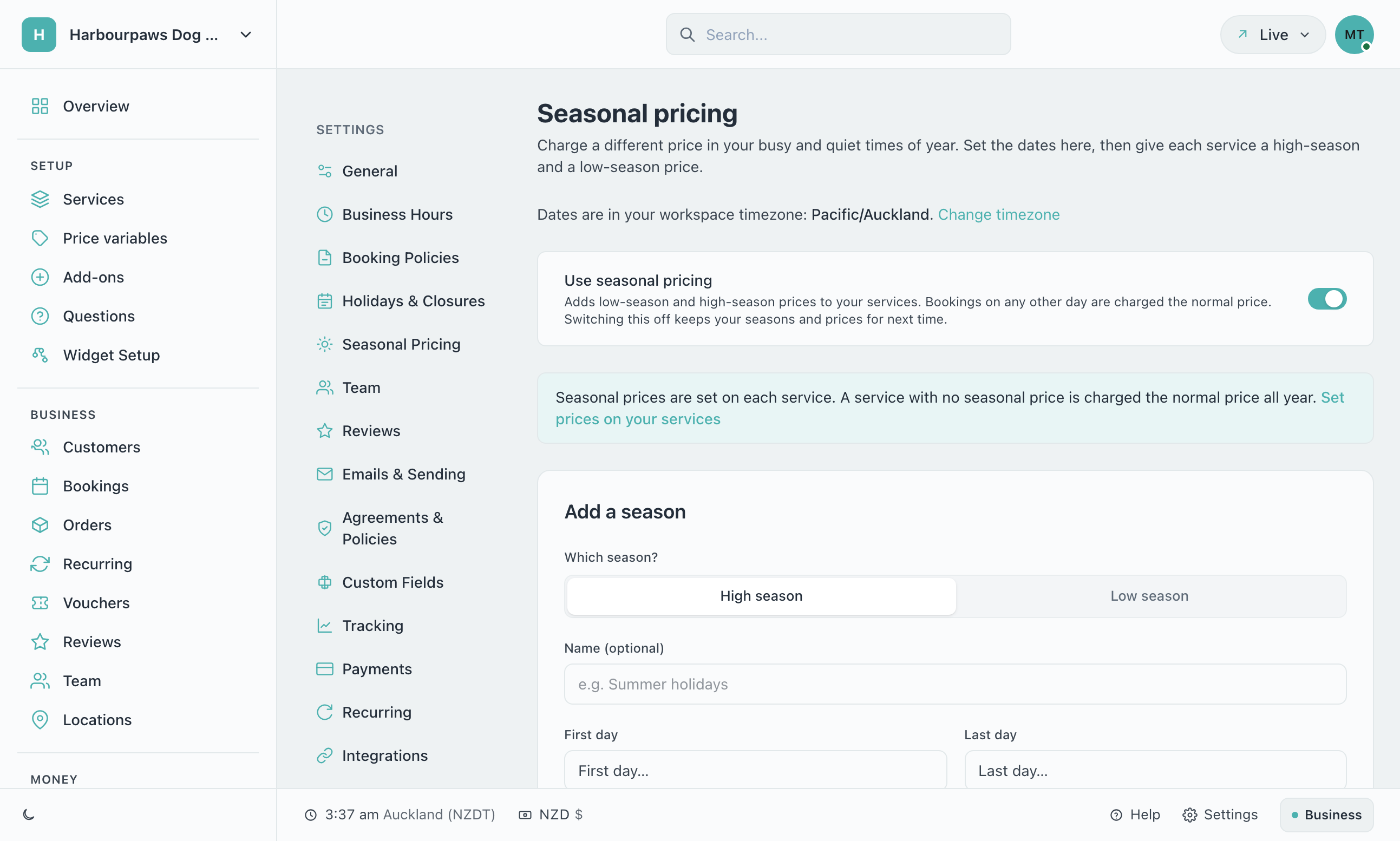 Seasonal pricing settings with the Use seasonal pricing switch on, and the Add a season form with High season, Low season, Name, First day and Last day