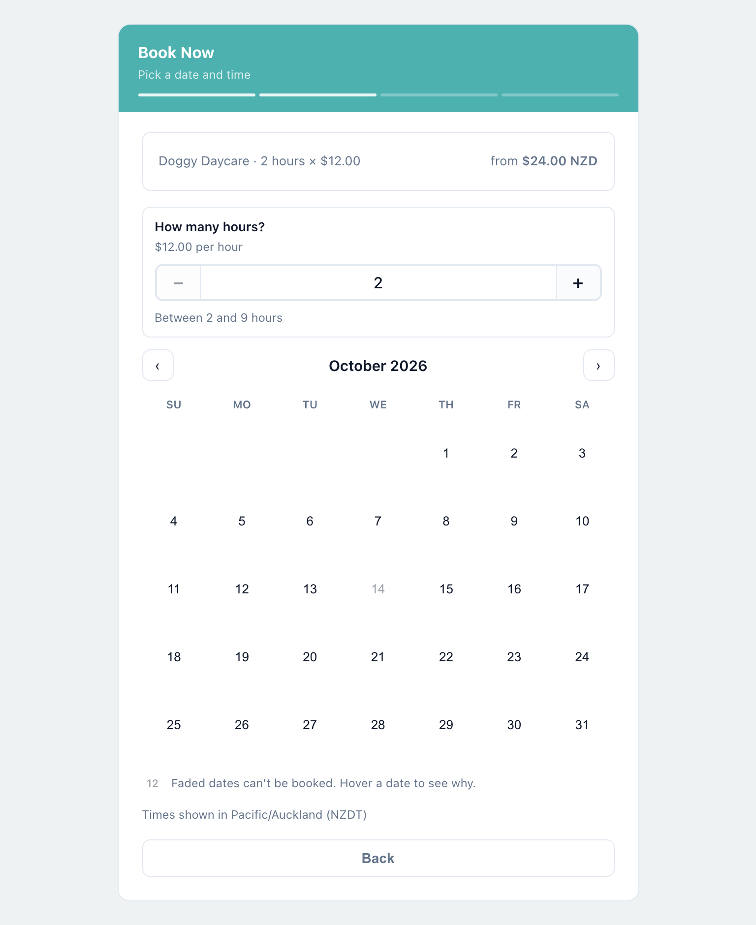 Booking page asking How many hours, at 12 dollars per hour, between 2 and 9 hours, above the calendar