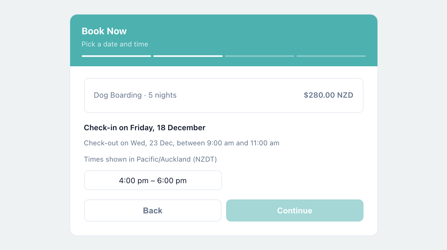 Booking page showing Check-in on Friday 18 December, check-out on Wednesday 23 December between 9:00 am and 11:00 am, and a drop-off time of 4:00 pm to 6:00 pm to choose