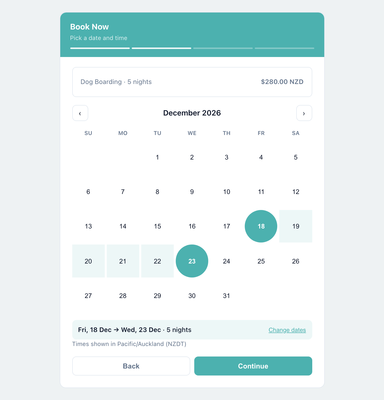 Booking page calendar with a stay chosen from Friday 18 December to Wednesday 23 December, 5 nights, 280 dollars