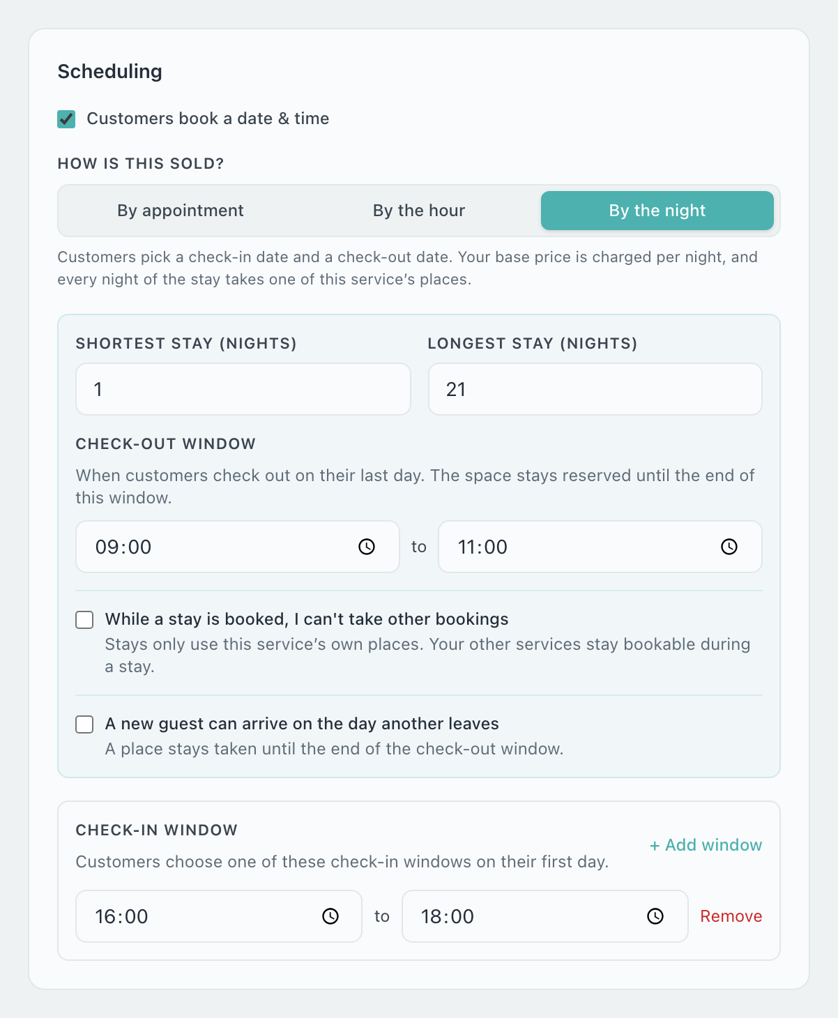 Scheduling section with By the night chosen, Shortest stay 1, Longest stay 21, Check-out window 09:00 to 11:00, the switch While a stay is booked I can’t take other bookings, and a Check-in window of 16:00 to 18:00
