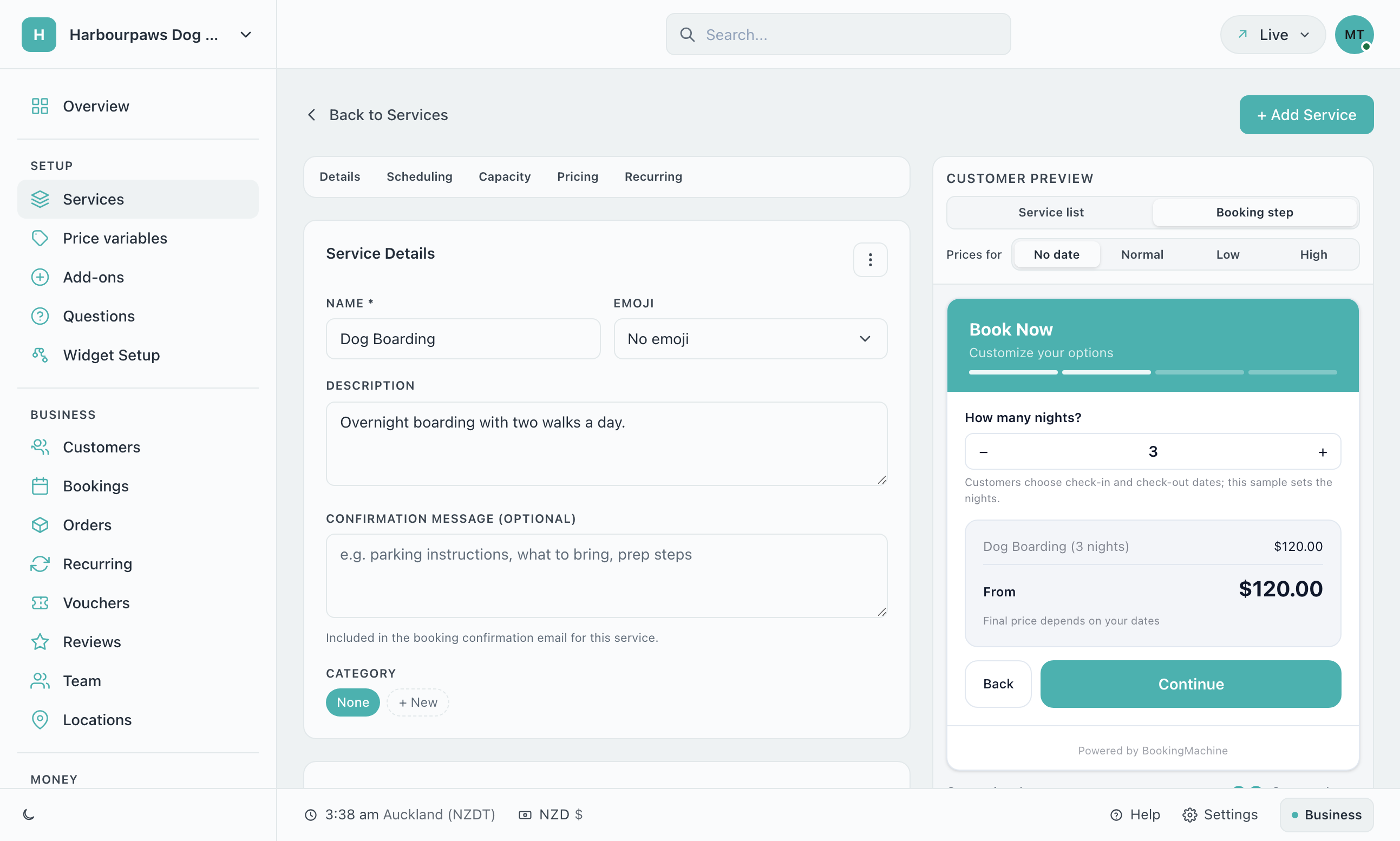 Service editor for Dog Boarding with Details, Scheduling, Capacity, Pricing and Recurring tabs, beside a customer preview asking How many nights