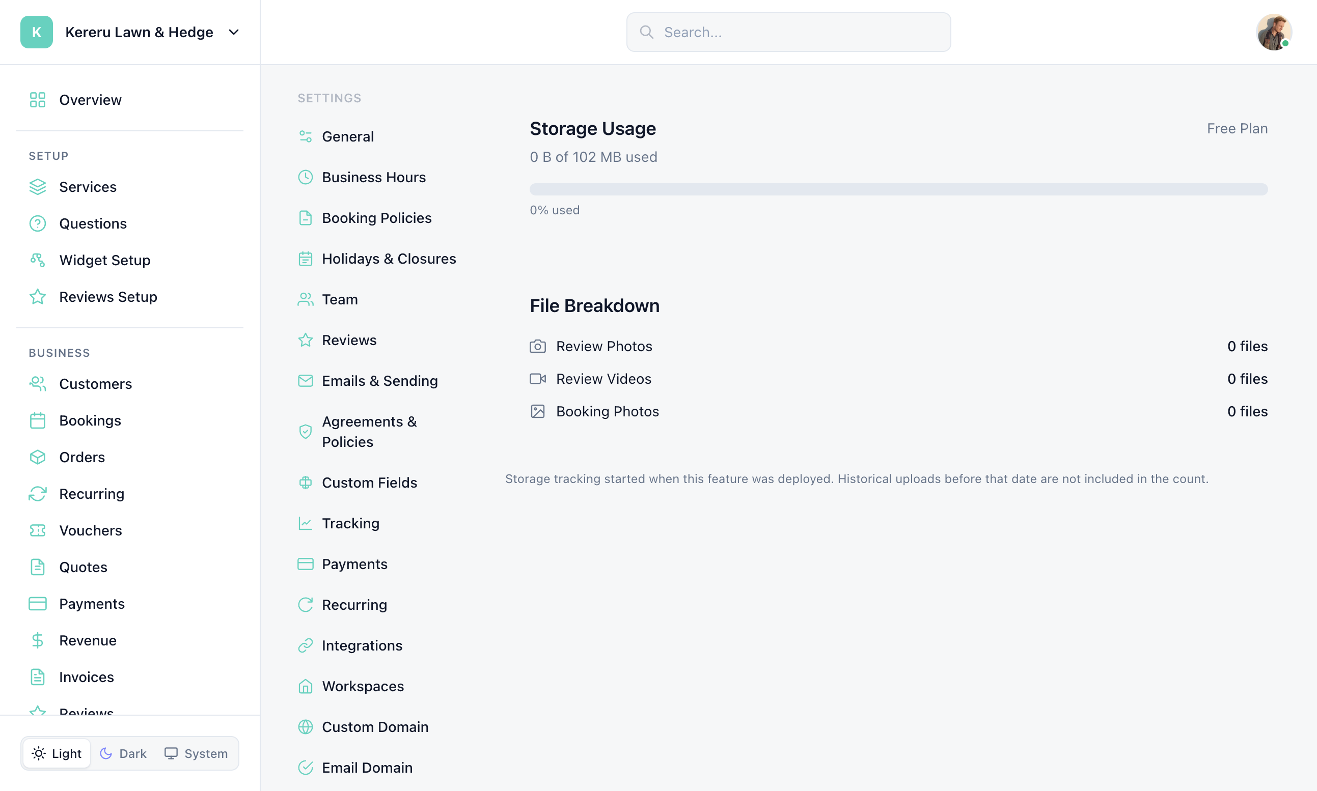 Storage Usage bar and File Breakdown for Review Photos, Review Videos, and Booking Photos