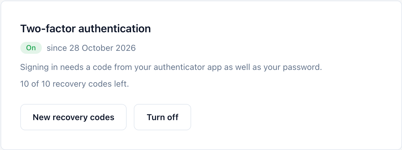 Two-factor authentication card showing On, the date, recovery codes left, and the New recovery codes and Turn off buttons