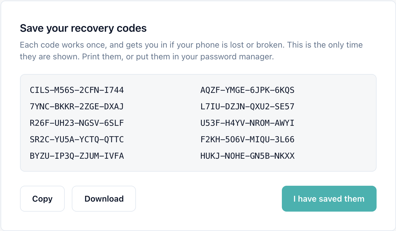 Save your recovery codes with ten codes, Copy and Download buttons, and I have saved them
