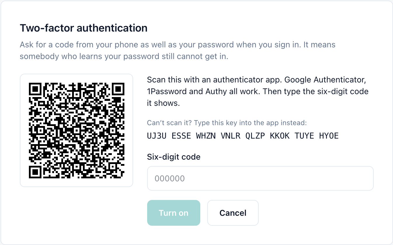 The QR code to scan, the key to type instead, and the Six-digit code field with a Turn on button