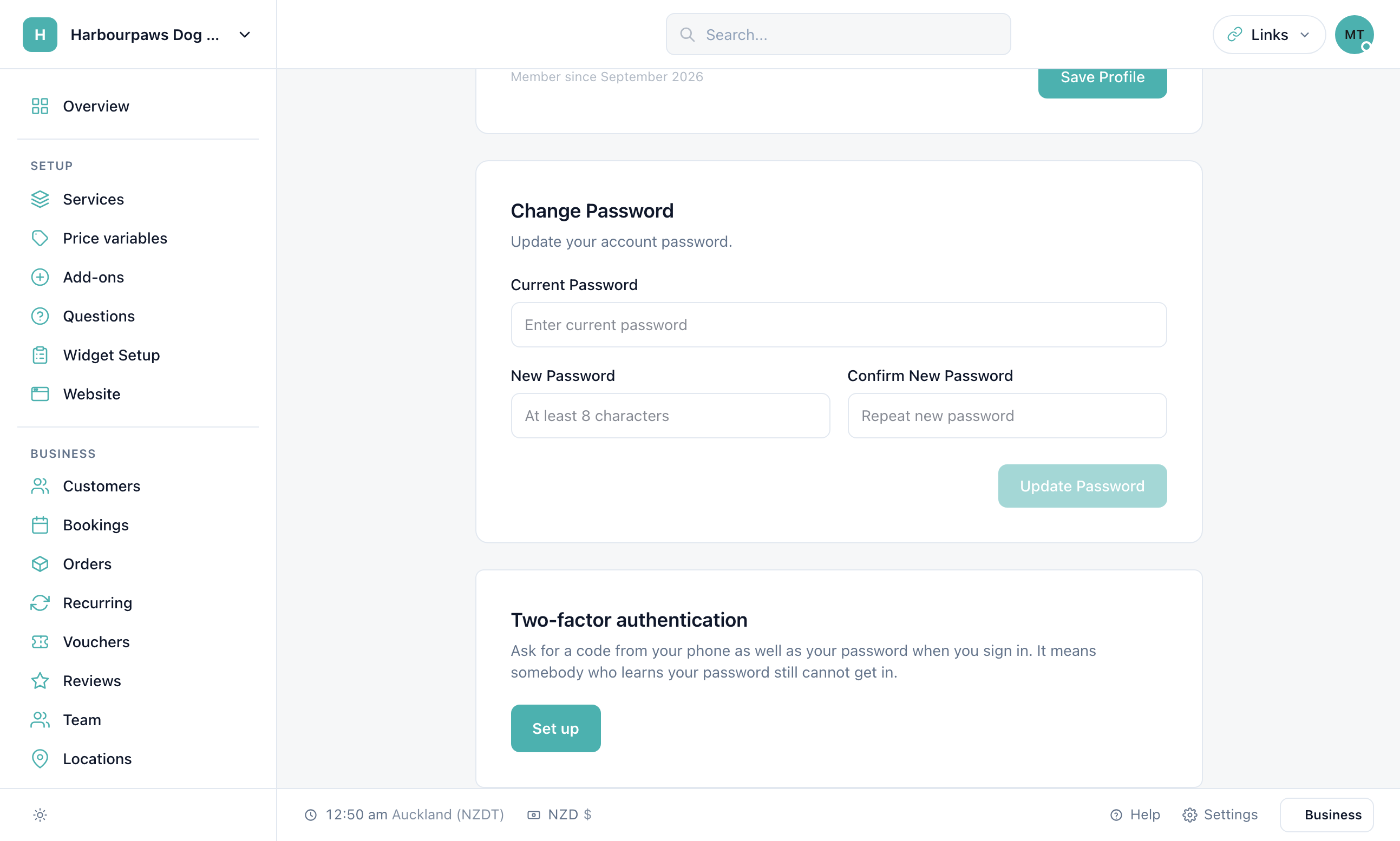 My Profile with the Two-factor authentication card and its Set up button