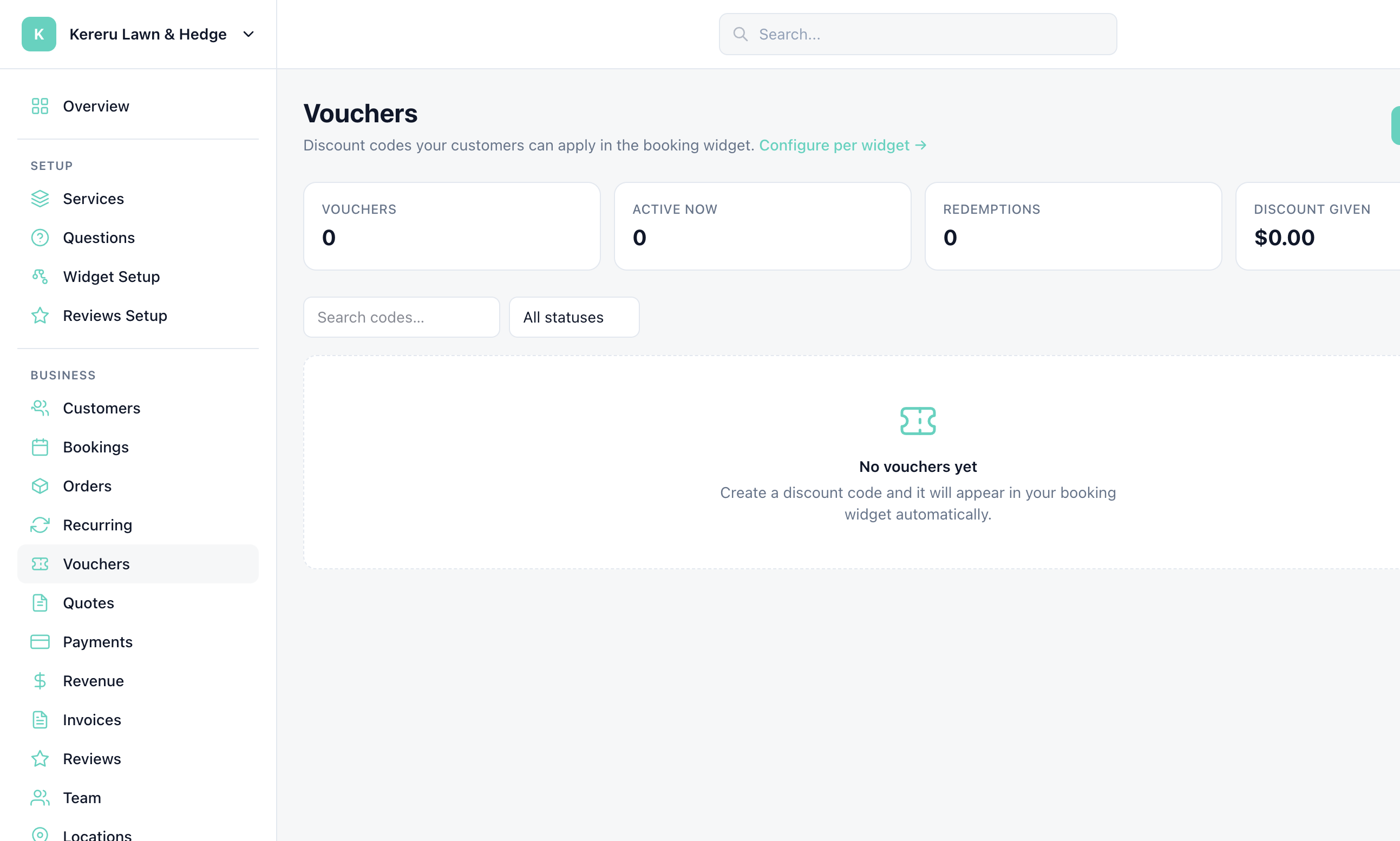 Vouchers empty state with + New voucher, stats, and All statuses filter