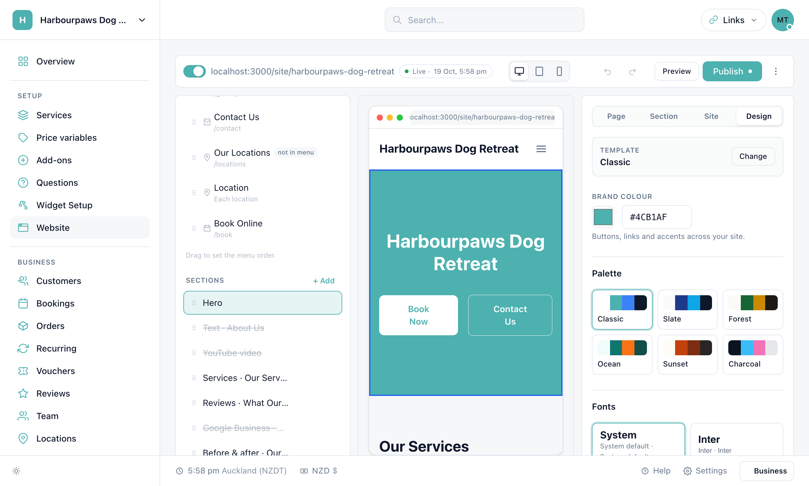 The Design tab: Template with a Change button, Brand colour with a swatch and hex box, Palette presets, Fonts pairs, and Corners, Spacing and Buttons controls.