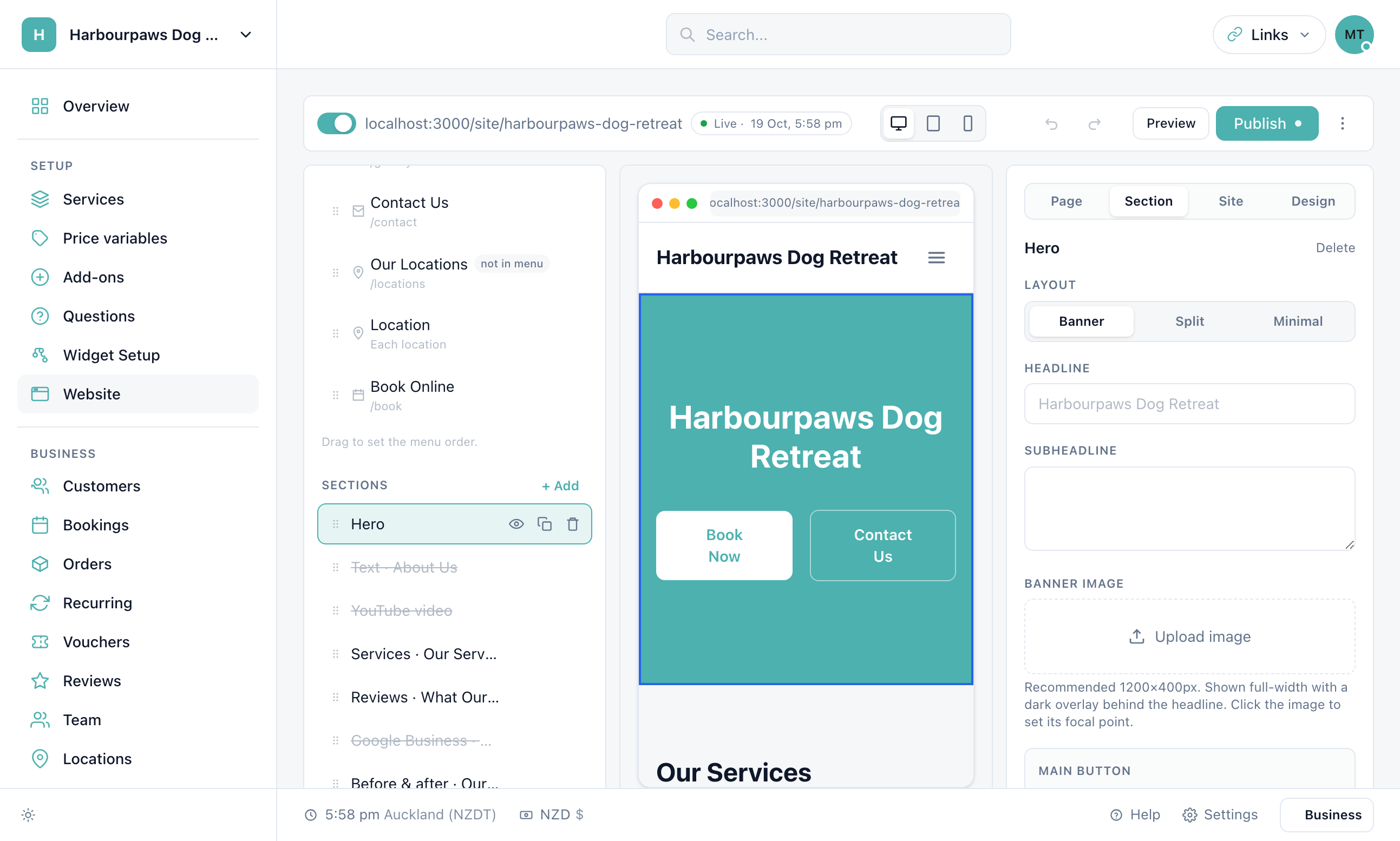 The Section tab showing the Hero form: Layout (Banner, Split, Minimal), Headline, Subheadline, Image with Replace and Remove, Main button and Second button. The preview outlines the hero in blue.