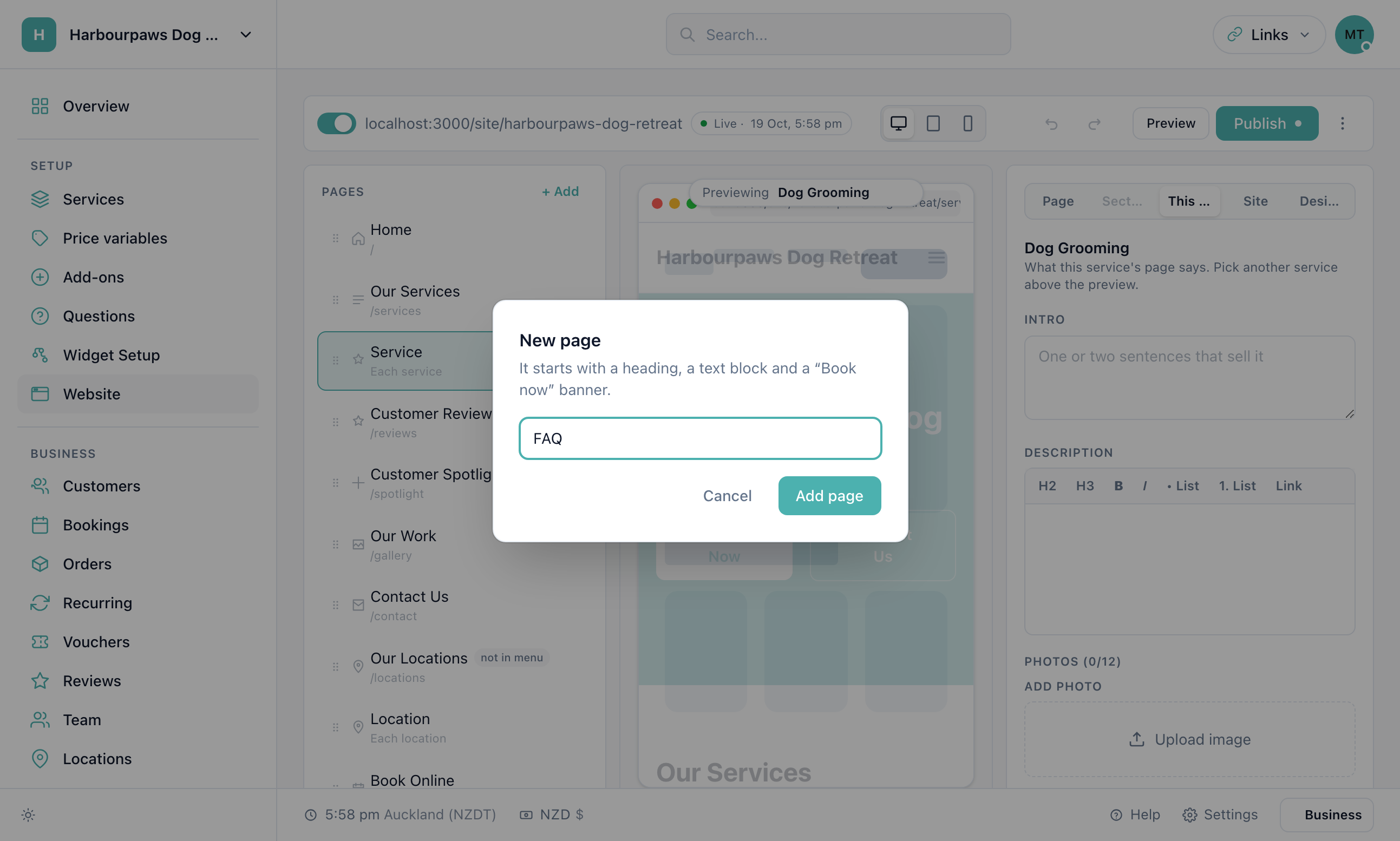 The New page dialog over the editor, with a Name box containing FAQ and Add page and Cancel buttons. The dialog explains the page starts with a heading, a text block and a Book now banner.
