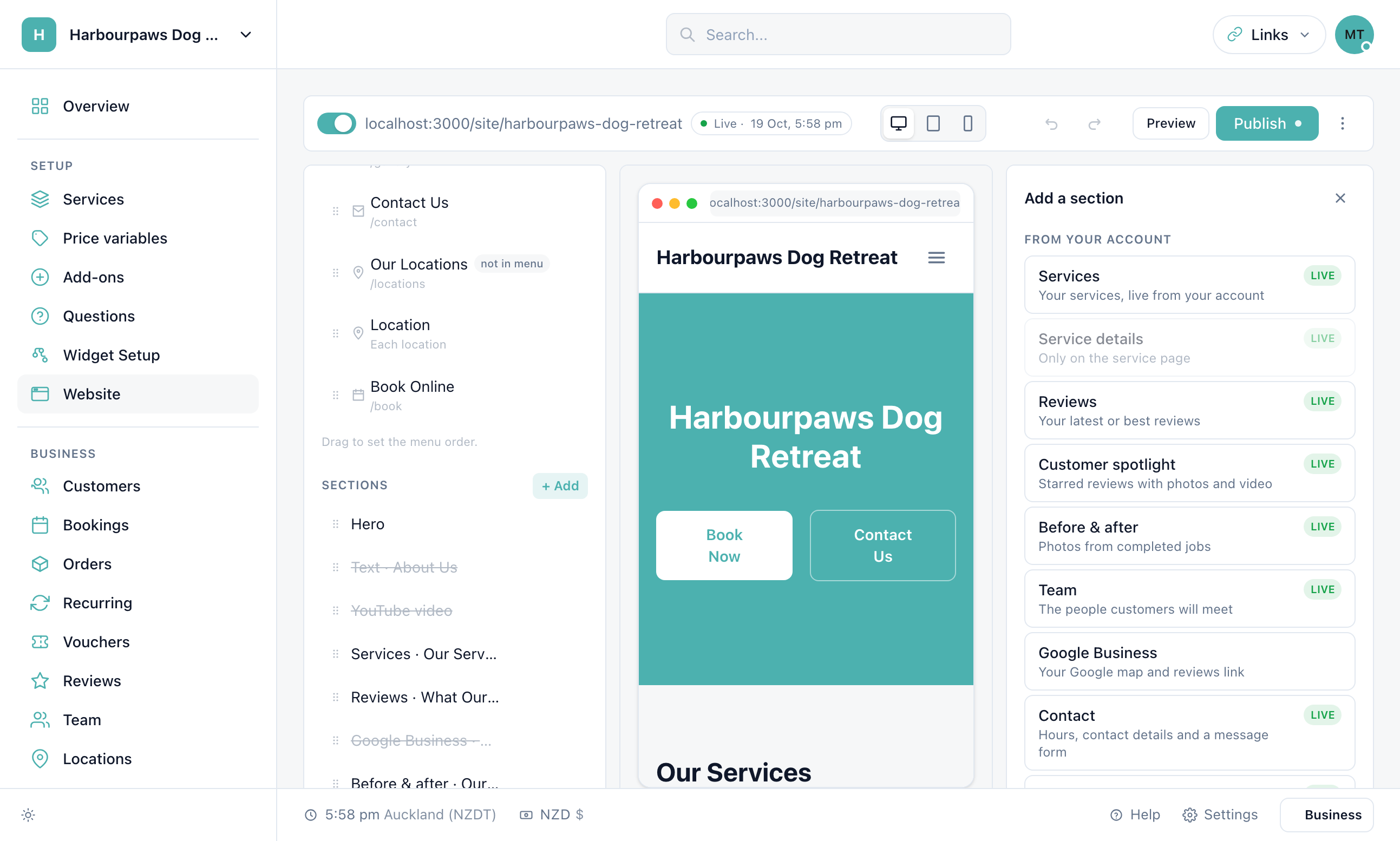 The Add a section catalogue in the right panel, grouped into Content, Your business, Media and Booking, listing sections such as Hero, Text, Image and text, FAQ, Steps, Services, Reviews, Team, Photo gallery, Before and after, YouTube, Booking widget and Call to action.