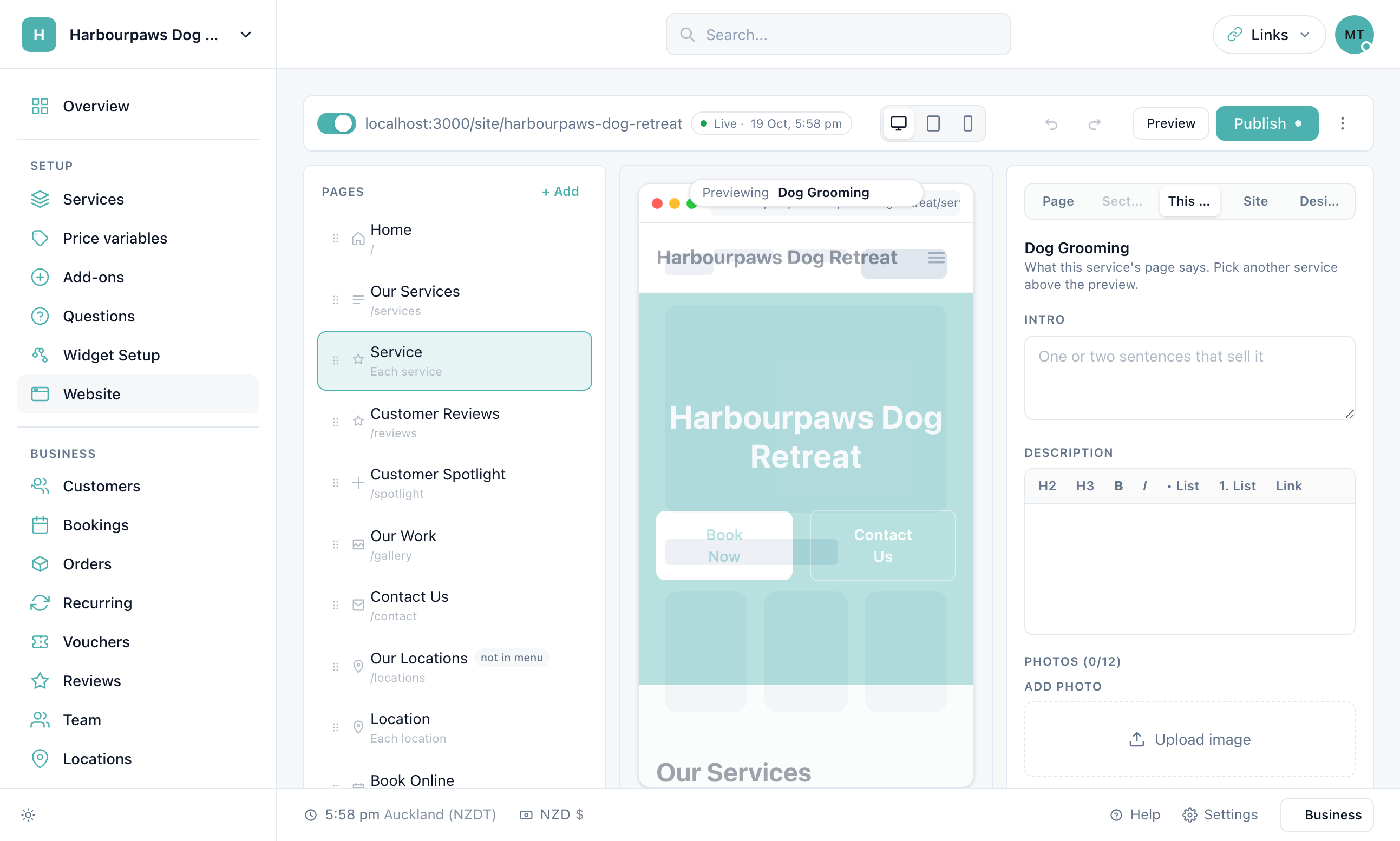 The service page in the preview with a Previewing: Dog Grooming picker above it, and the This service tab on the right with Intro, Description, Photos, FAQ and Search and sharing fields.