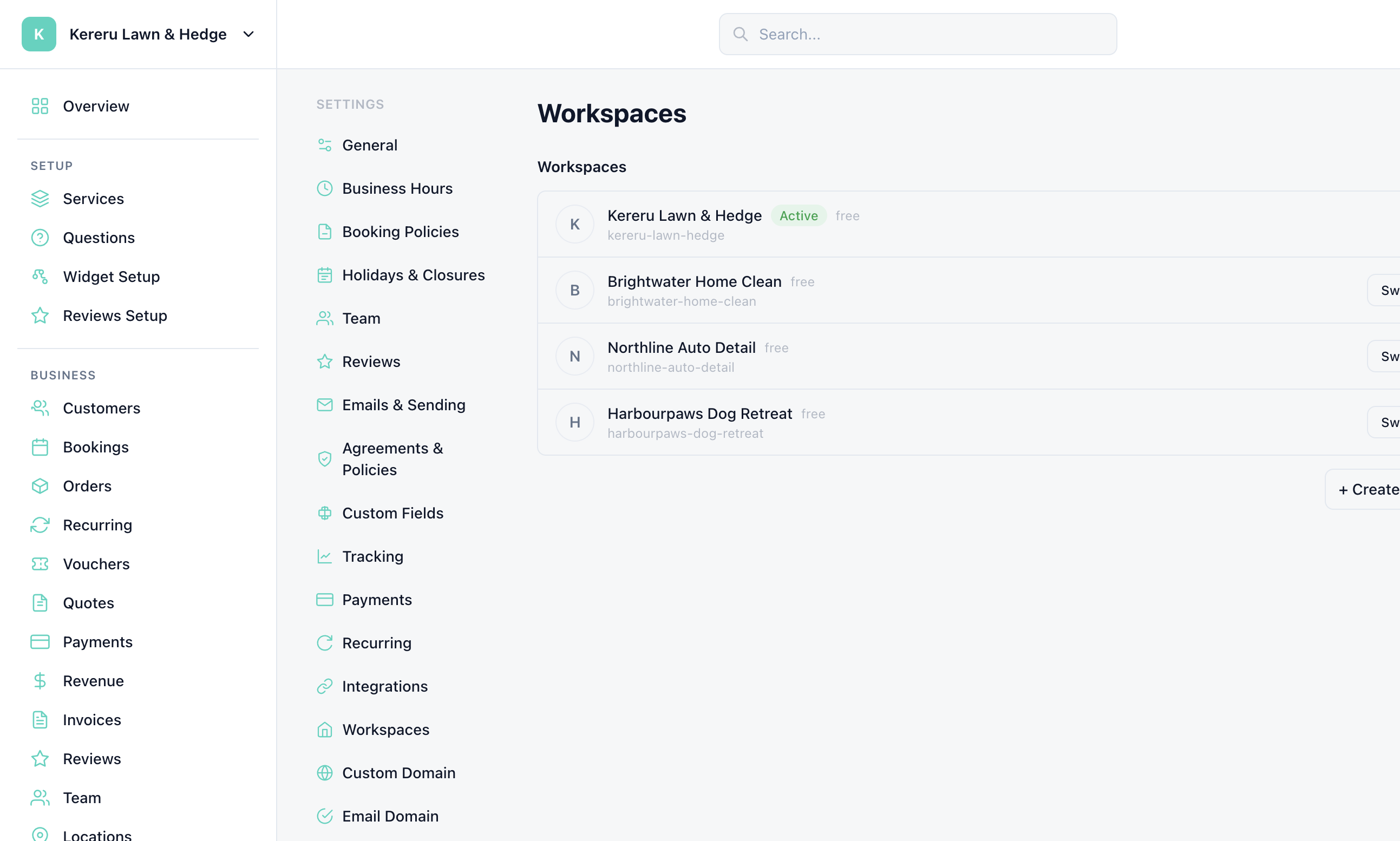 Workspaces list with the current workspace marked Active, Switch on the others, and + Create New Workspace