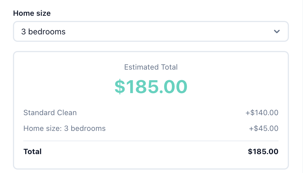 Booking widget quote step with Home size set to 3 bedrooms, itemised as Standard Clean $140 plus $45, totalling $185.00