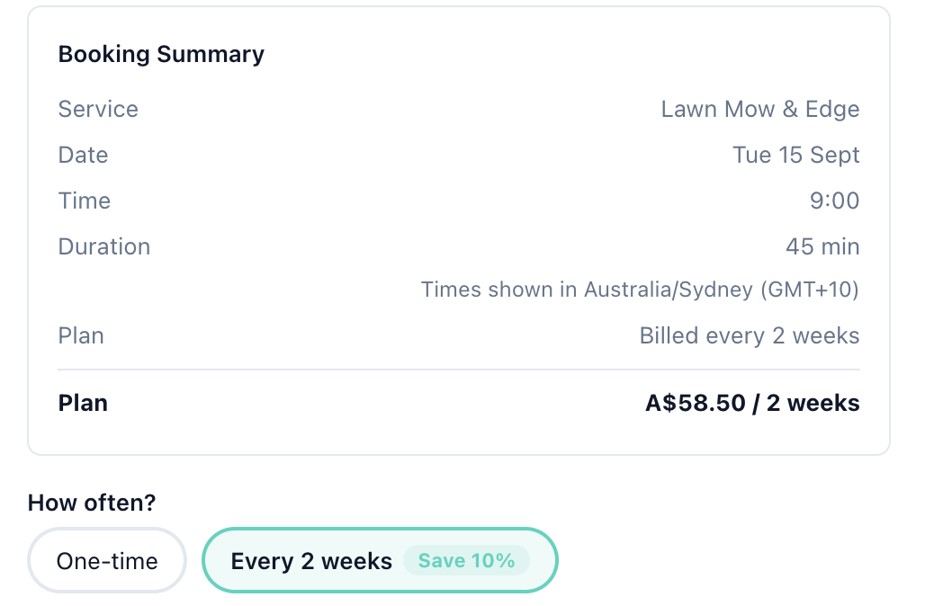 Booking summary showing a fortnightly lawn mowing plan billed at A$58.50 every 2 weeks, with a One-time or Every 2 weeks choice