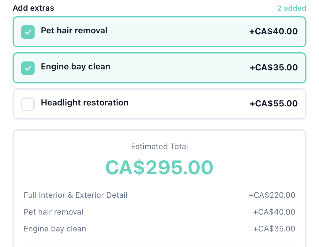 Booking widget add-ons step with pet hair removal and engine bay clean ticked, totalling CA$295.00