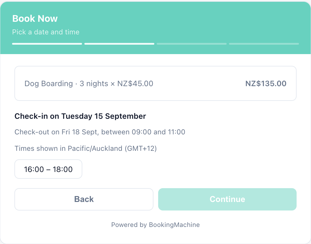 Booking widget showing a check-in date with a 16:00 to 18:00 drop-off window and a 09:00 to 11:00 check-out window