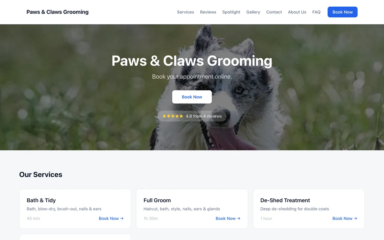 Paws & Claws Grooming website
