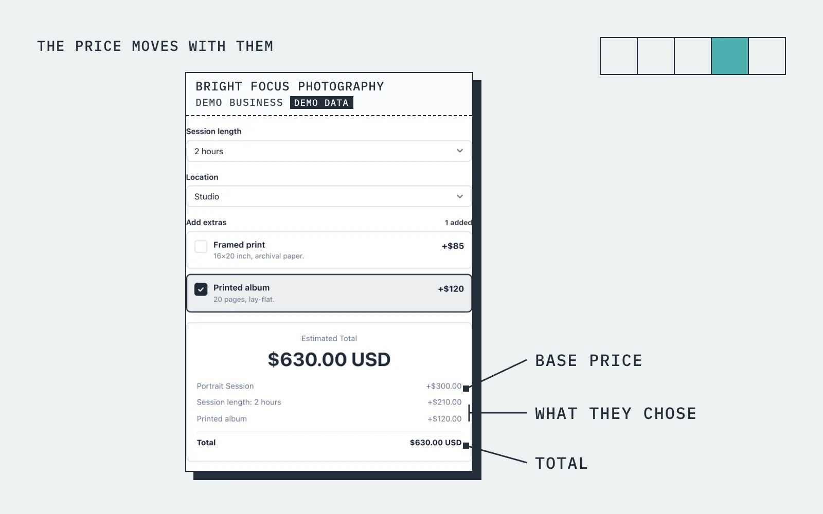 A base price, the answers that change it, and the total the customer sees