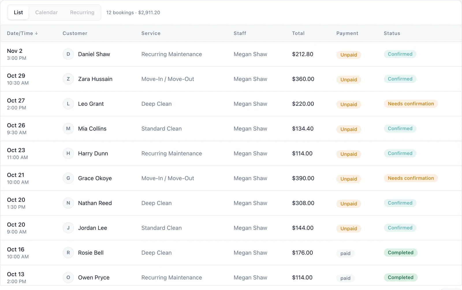 The bookings list in the Fresh Start Cleaning dashboard (demo business): upcoming and completed jobs with date, customer, service, staff, total, payment and status.