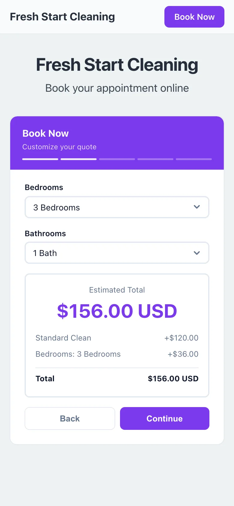 Fresh Start Cleaning quote step on a phone (demo business): Standard Clean with Bedrooms changed to 3 Bedrooms, and the total updated to $156.00 with the line items shown.