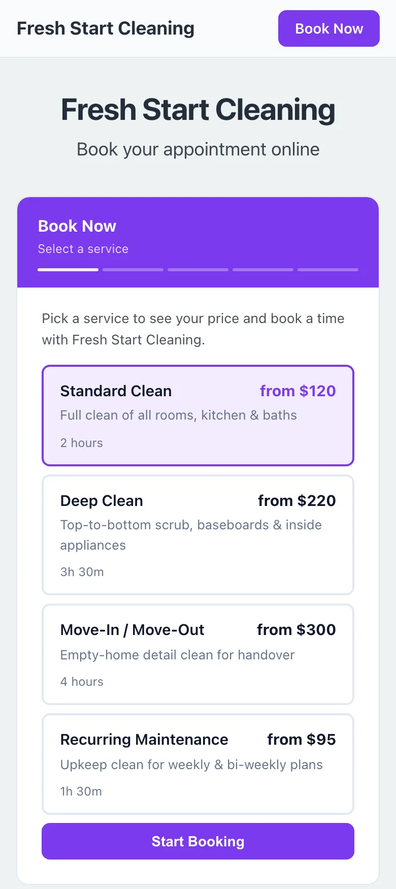 Fresh Start Cleaning booking form on a phone (demo business): Standard Clean, Deep Clean, Move-In / Move-Out, Recurring Maintenance, each with its price, and Standard Clean selected.