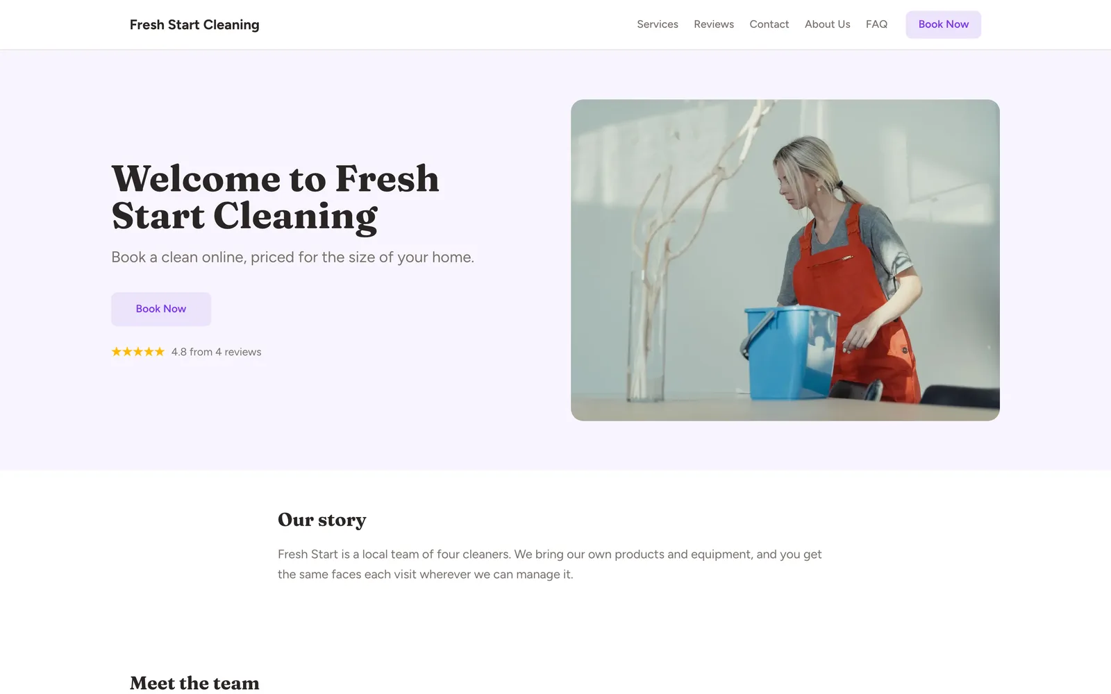 The home page of the Fresh Start Cleaning website (demo business), built with the Warm template, with a photo of the trade in the hero and a Book now button.