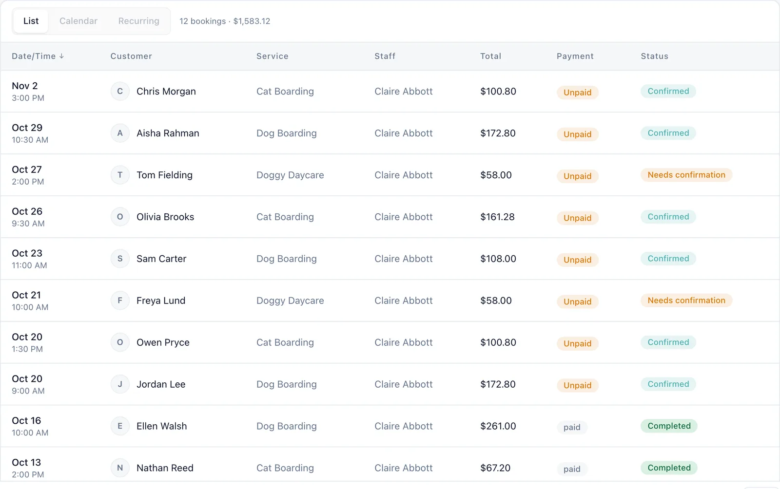 The bookings list in the Willow Creek Boarding dashboard (demo business): upcoming and completed jobs with date, customer, service, staff, total, payment and status.
