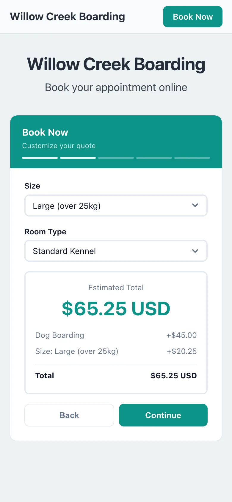 Willow Creek Boarding quote step on a phone (demo business): Dog Boarding with Size changed to Large (over 25kg), and the total updated to $65.25 with the line items shown.
